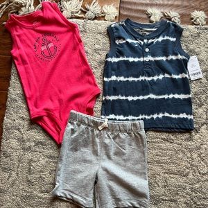 NWT Carters 3 piece set, gray shorts, blue tie dye tshirt, and onesie, 24 months
